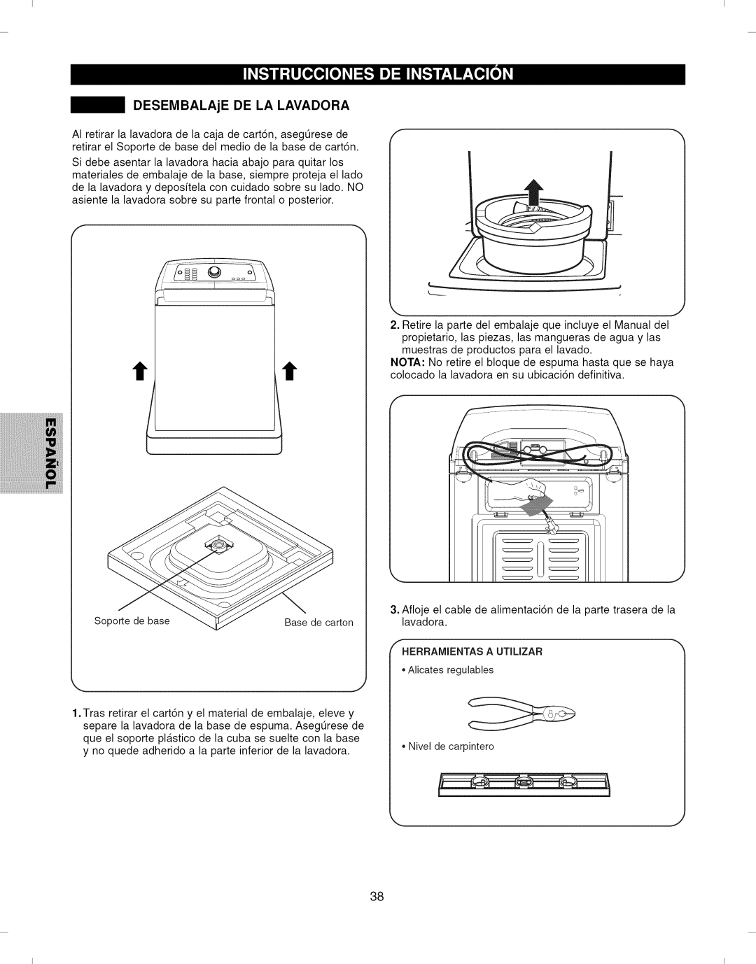 Kenmore 796.292796 manual DESEMBALAjE DE LA Lavadora 