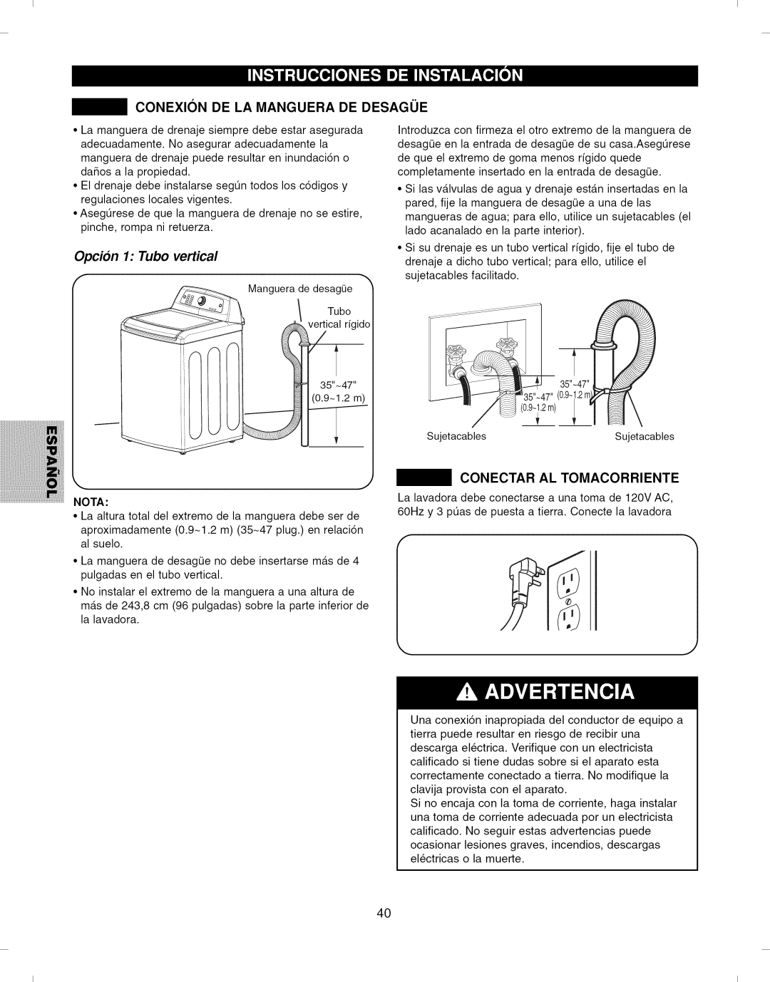 Kenmore 796.292796 manual Conexion DE LA Manguera DE Desague, Opcion 1 Tubo vertical, Conectar AL Tomacorriente, Nota 