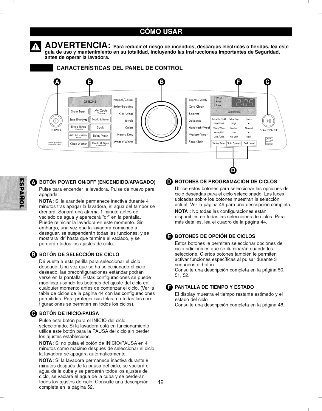 Kenmore 796.292796 manual Caracteristicas DEL Panel DE Control, Boton Power ON/OFF ENCENDIDO/APAGADO, Baton DE INICIO/PAUSA 