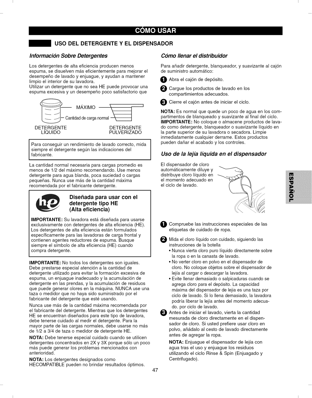 Kenmore 796.292796 manual USO DEL Detergente Y EL Dispensador, Informacion Sobre Detergentes, Como Ilenar el distribuidor 