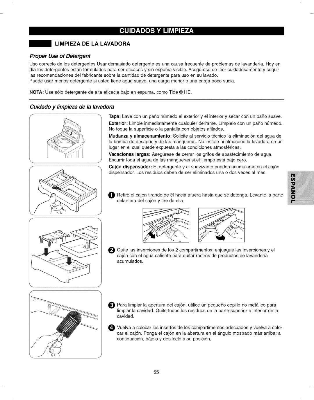 Kenmore 796.292796 manual Limpieza DE LA Lavadora, Cuidado y limpieza de la lavadora 