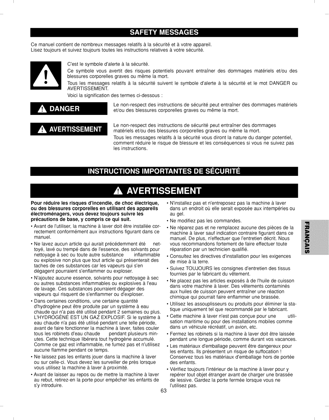 Kenmore 796.292796 manual Avertissement 