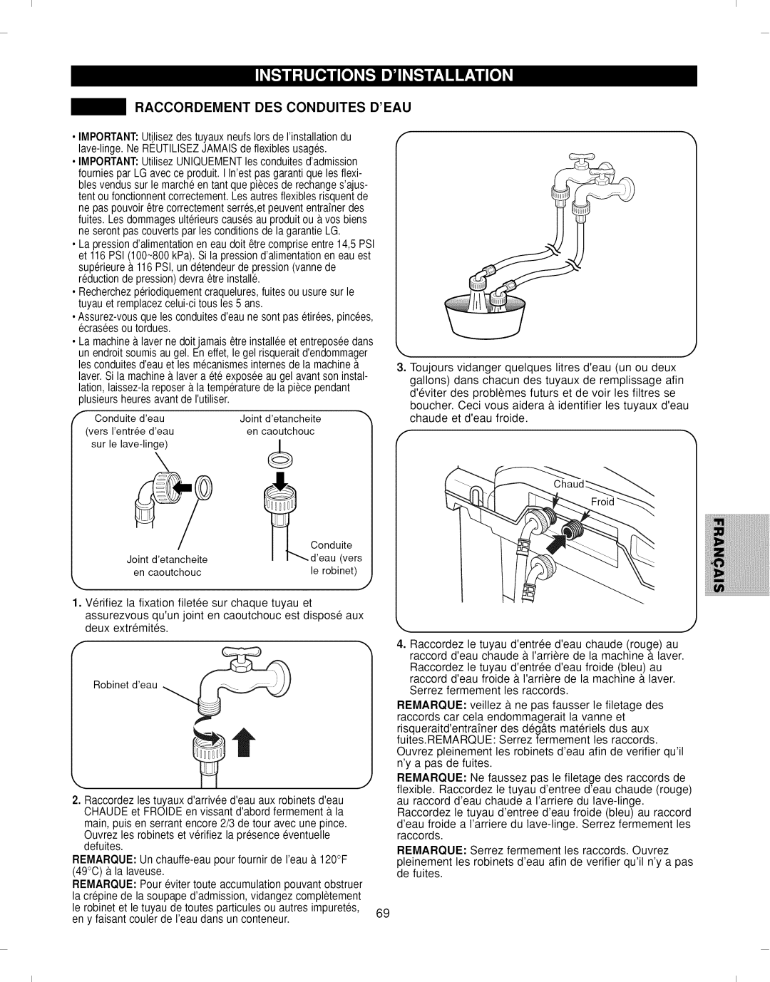 Kenmore 796.292796 manual Raccordement DES Conduites Deau 