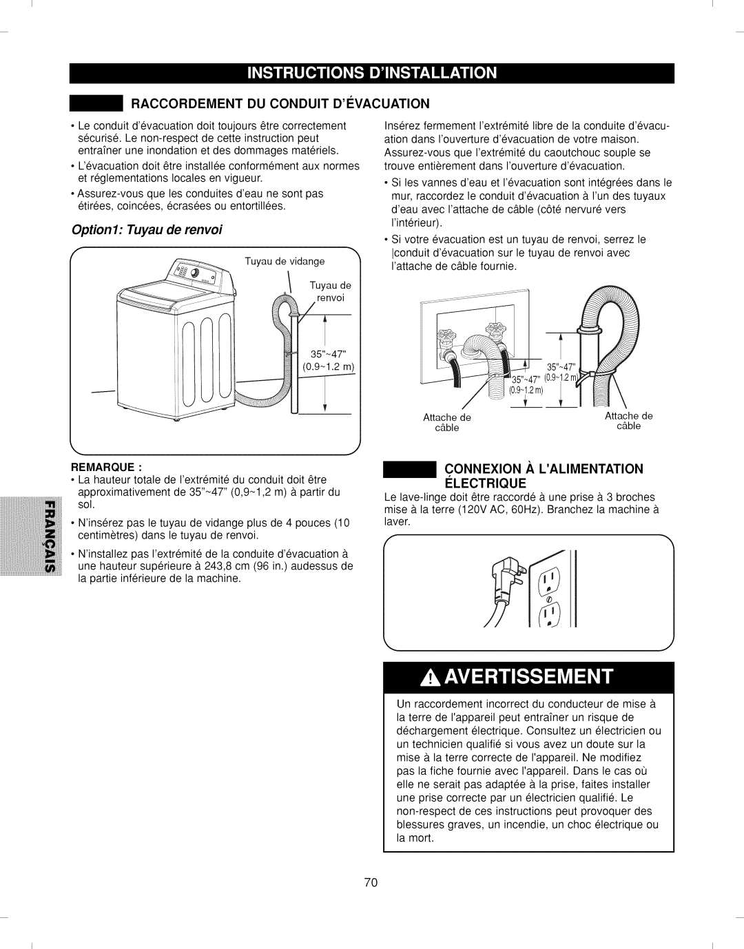 Kenmore 796.292796 Raccordement DU Conduit Divacuation, Option1 Tuyau de renvoi, Connexion .A Lalimentation, Remarque 