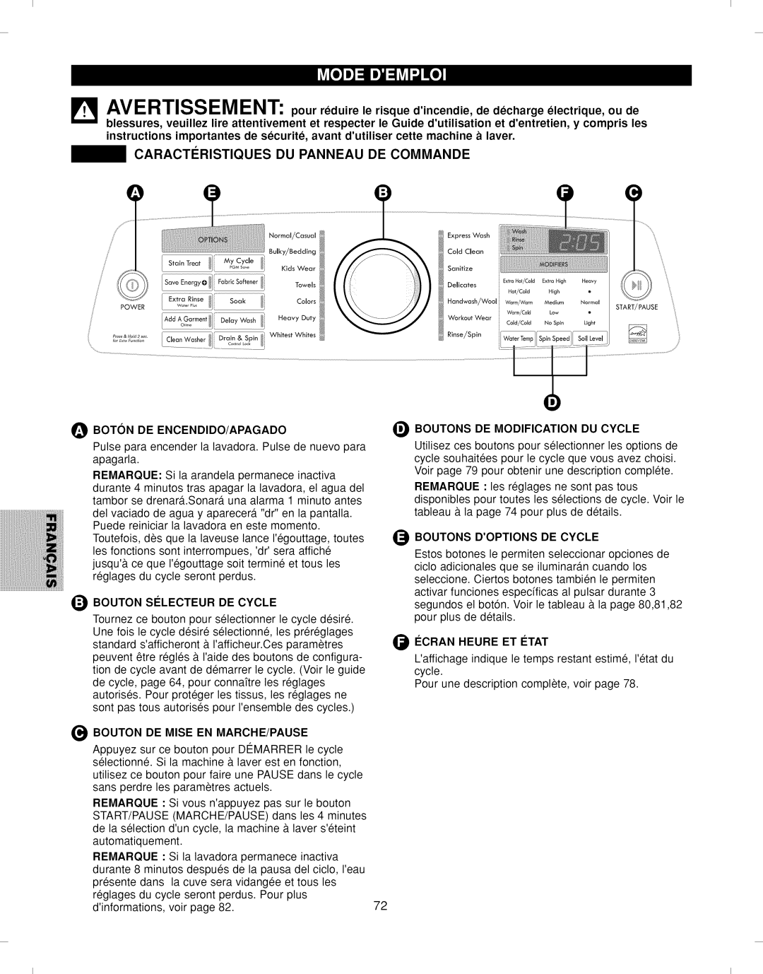 Kenmore 796.292796 manual Caractiristiques DU Panneau DE Commande, Boton DE ENCENDIDO/APAGADO, Bouton Selecteur DE Cycle 