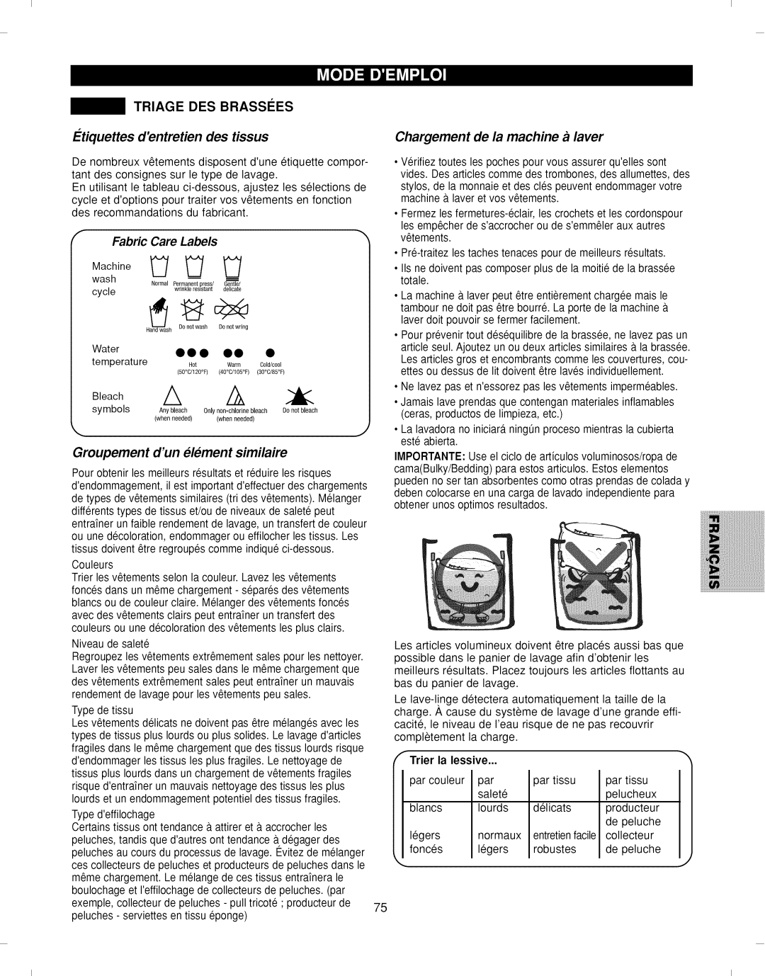 Kenmore 796.292796 Triage DES Brassces, Tiquettesdentretien des tissus, Chargement de la machine a laver, Trier la lessive 