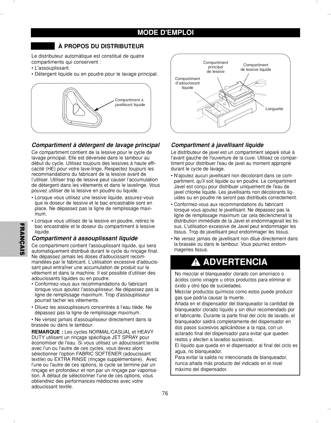 Kenmore 796.292796 manual Propos DU Distributeur, Compartiment a de.tergent de lavage principal 