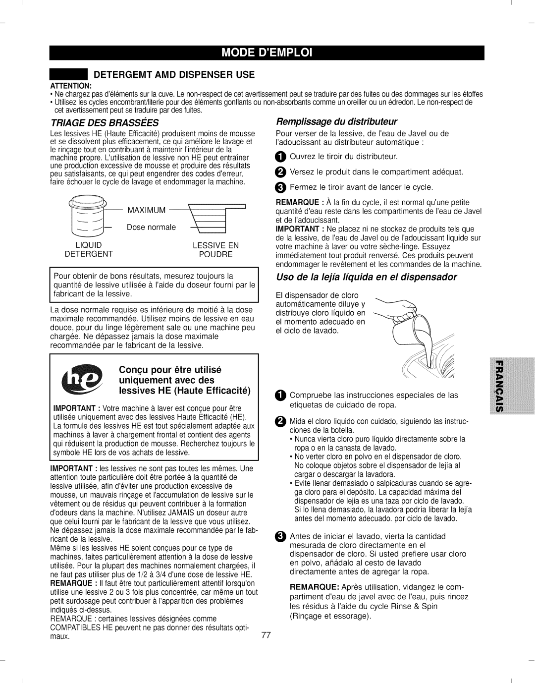 Kenmore 796.292796 Detergemt AMD Dispenser USE, Remplissage du distributeur, Uso de la lejia liquida en el dispensador 