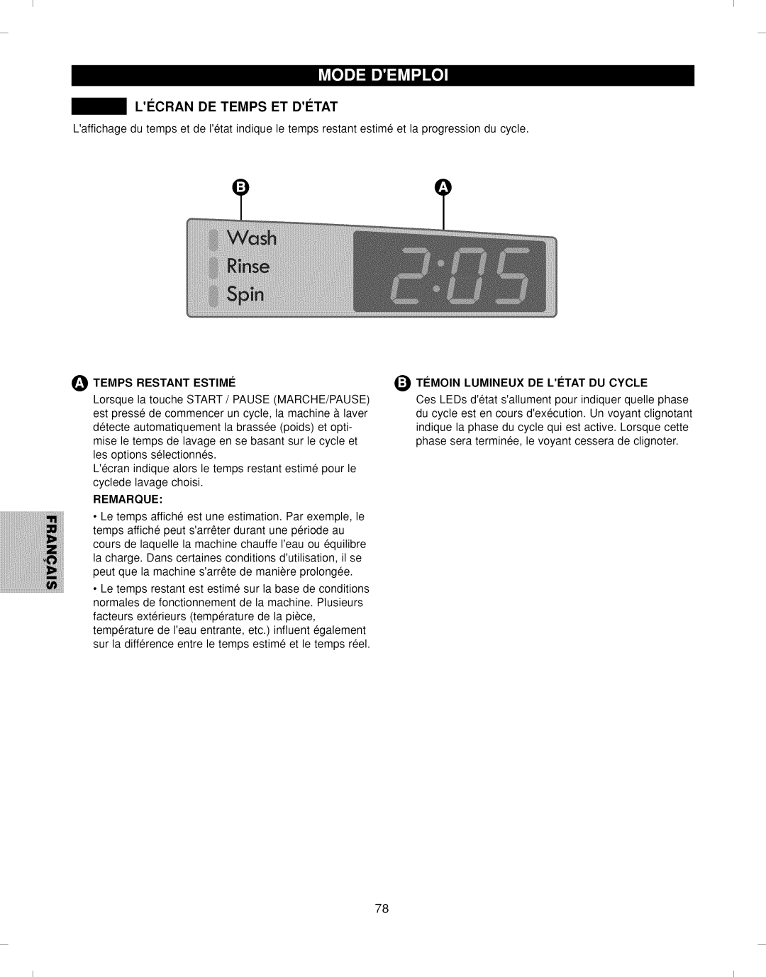 Kenmore 796.292796 manual Lccran DE Temps ET Dctat, @ Temps Restant ESTIM¢ Timoin Lumineux DE Litatdu Cycle, Remarque 