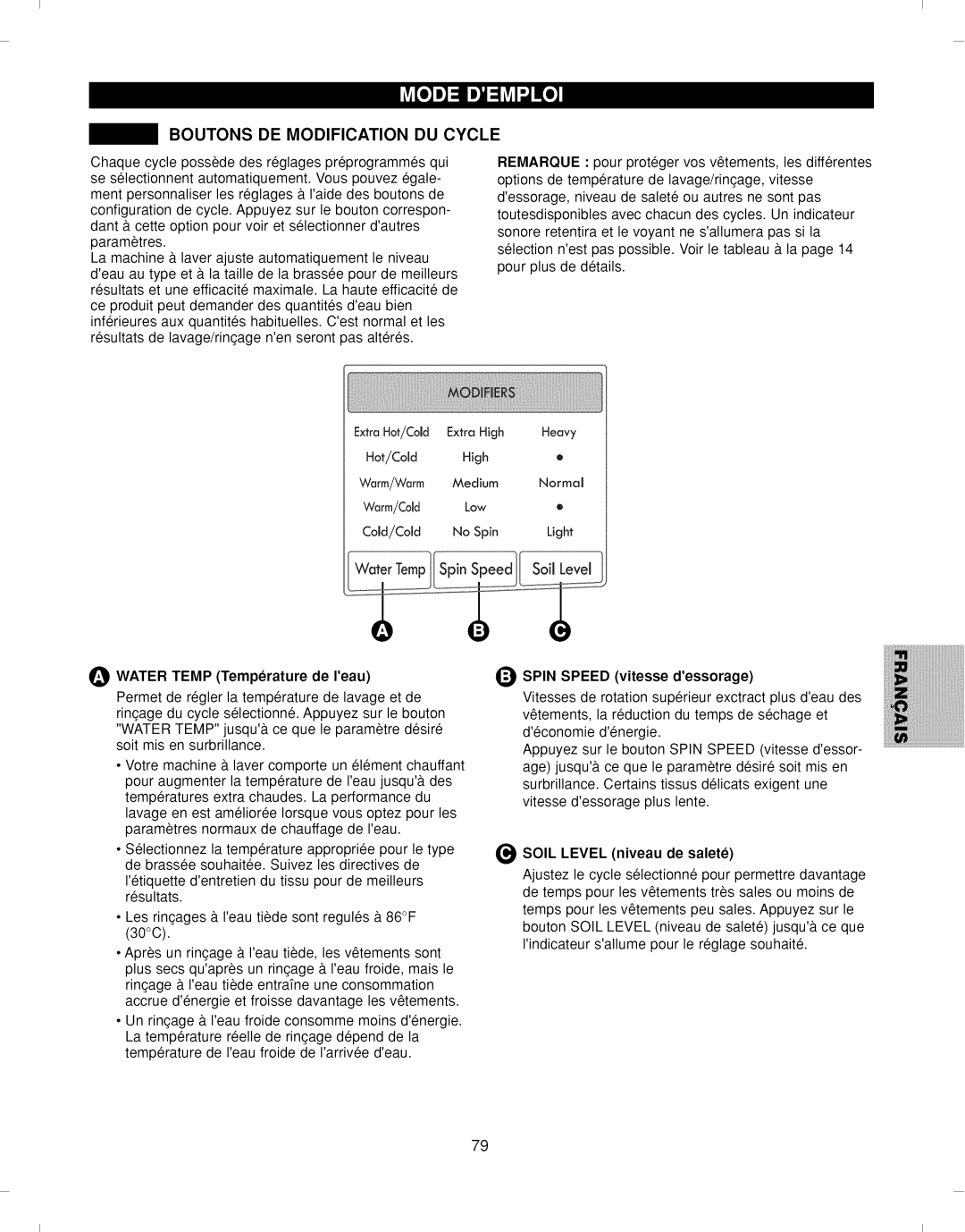 Kenmore 796.292796 manual Boutons DE Modification DU Cycle, Soil Level niveau de salete 