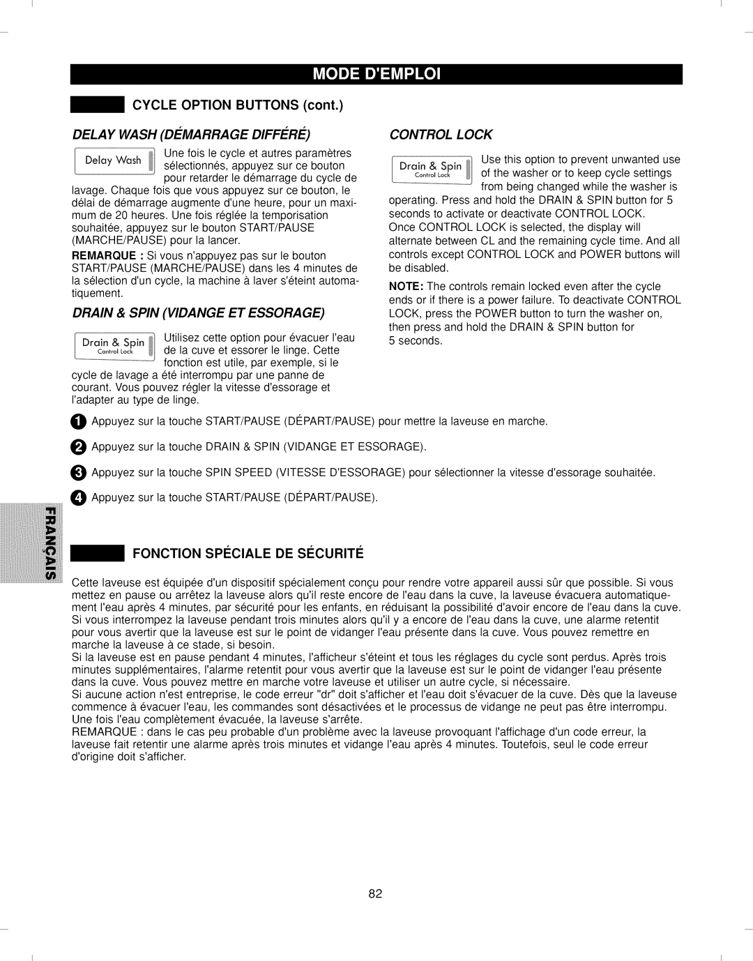 Kenmore 796.292796 manual Delay Wash Demarrage Differe Control Lock, Drain & Spin Vidange ET Essorage 