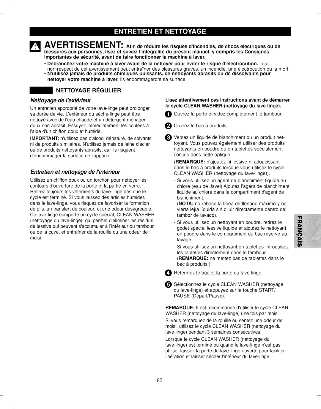 Kenmore 796.292796 manual Nettoyage Rigulier, Nettoyage de Iexterieur, Entretien et nettoyage de Iinte.rieur 