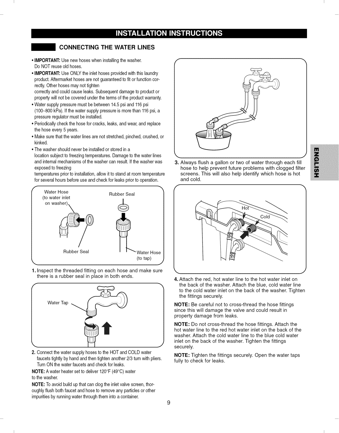 Kenmore 796.292796 manual Connecting the Water Lines, Exposedto freezing 