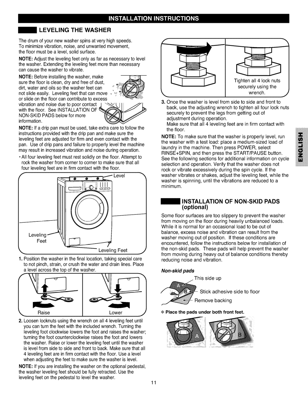 Kenmore 796.4027 manual Leveling the Washer, Installation of NON-SKiD Pads 