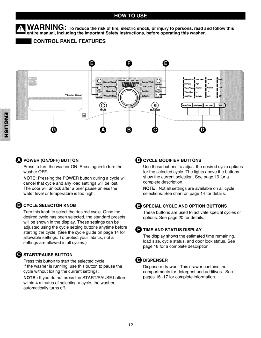 Kenmore 796.4027 manual Control Panel Features, Power Onjoff Button Cycle Modifier Buttons, Cycle Selector Knob 