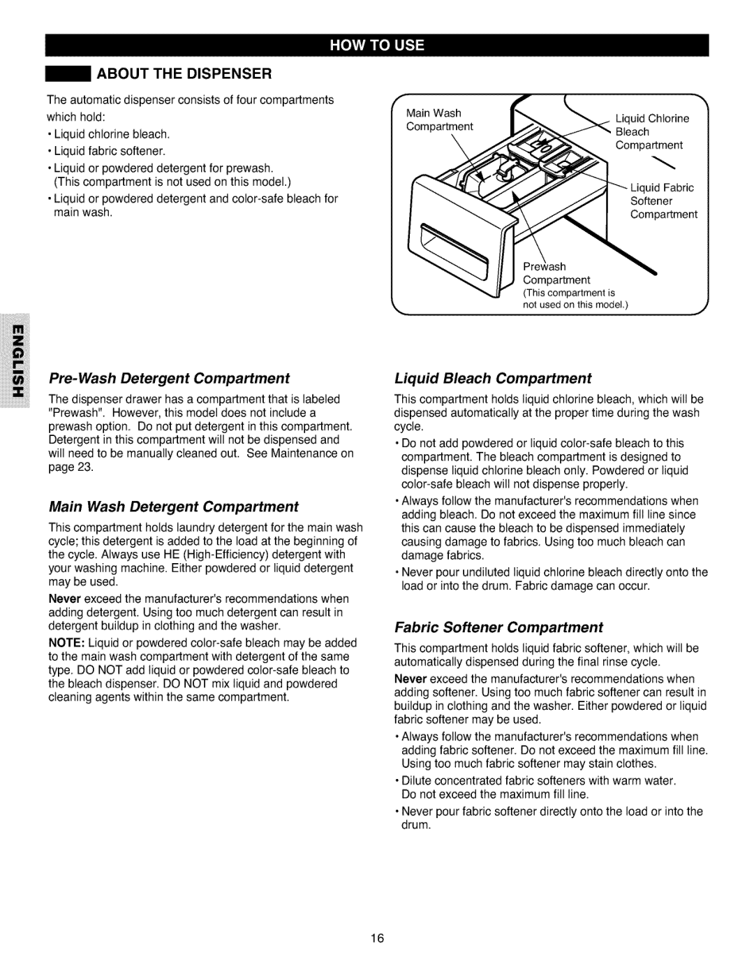 Kenmore 796.4027 manual About the Dispenser, Pre-Wash Detergent Compartment, Main Wash Detergent Compartment 