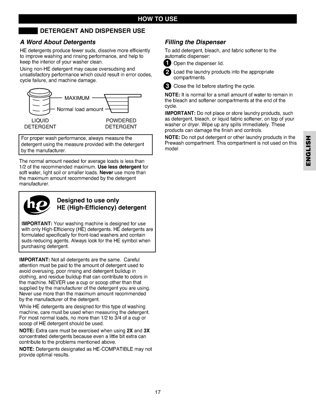 Kenmore 796.4027 manual Detergent and Dispenser USE, Word About Detergents, Designed to use only, Filling the Dispenser 