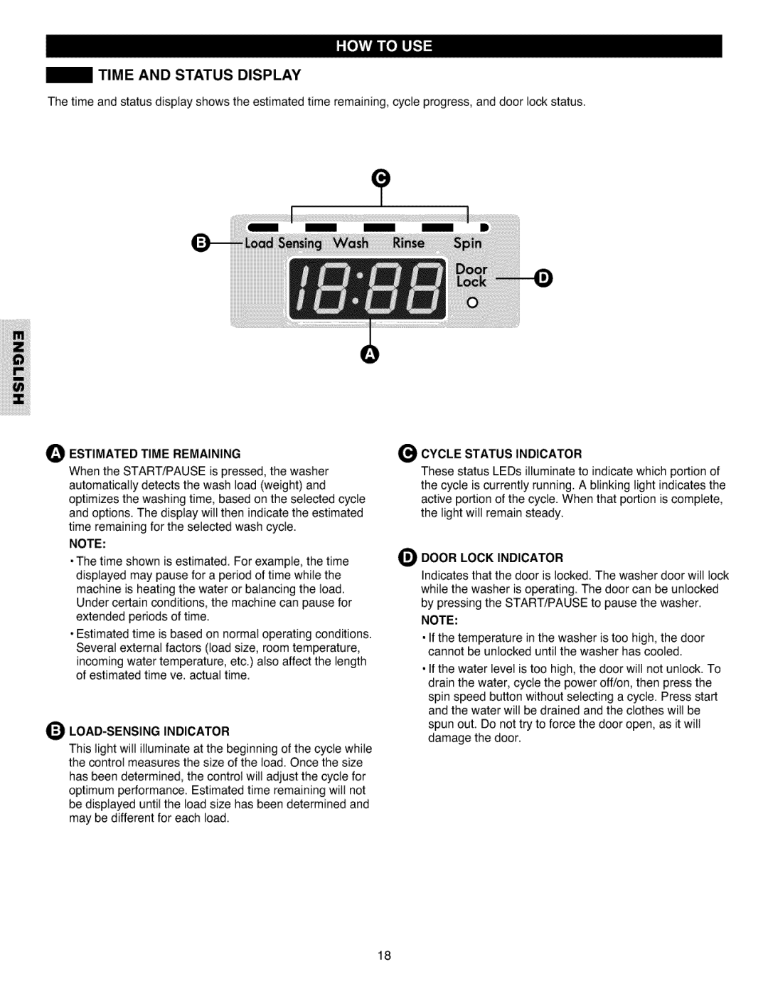 Kenmore 796.4027 manual Time and Status Display, Estimated Time Remaining, LOAD-SENSING Indicator, Cycle Status Indicator 