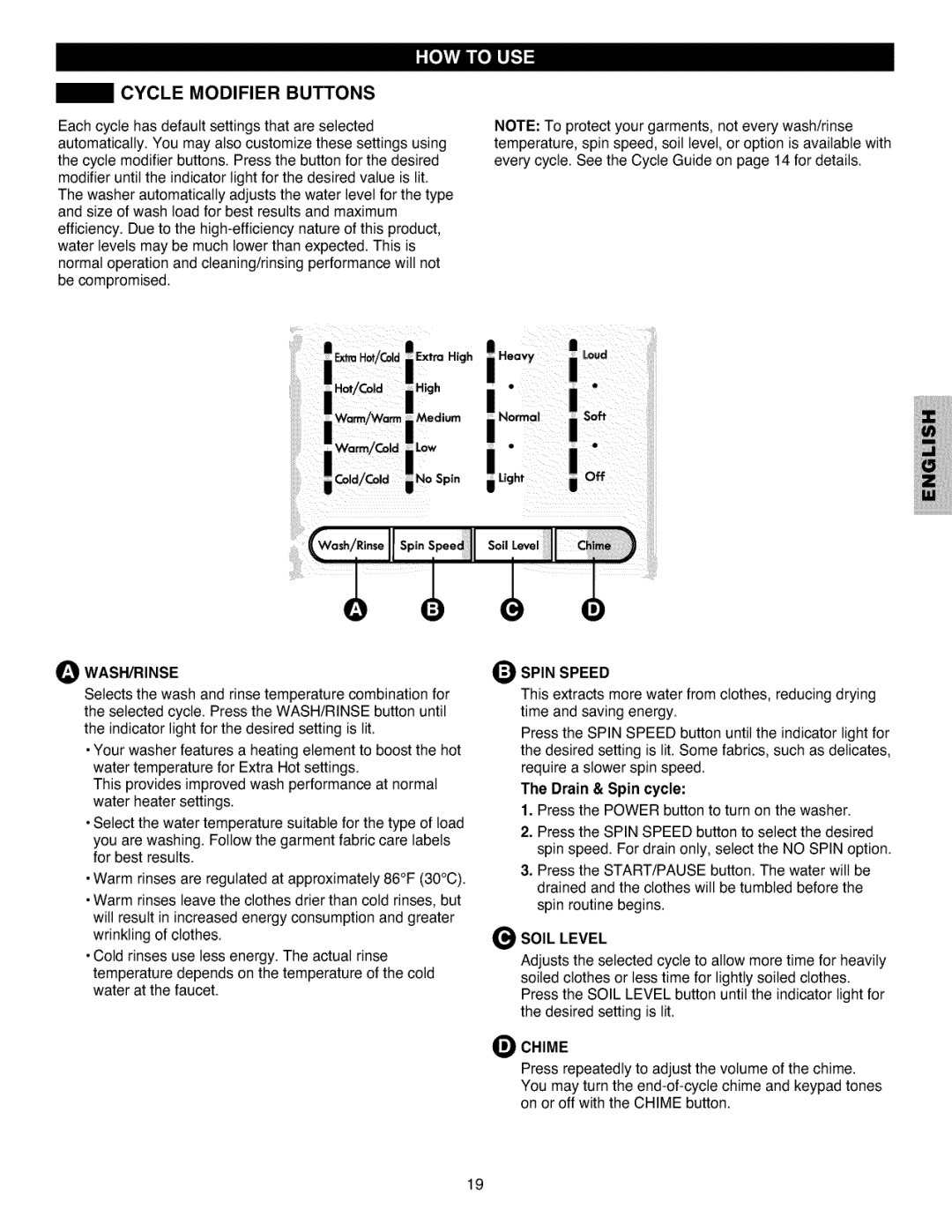 Kenmore 796.4027 manual Cycle Modifier Buttons, Wash/Rinse, Spin Speed, Soil Level, Chime 