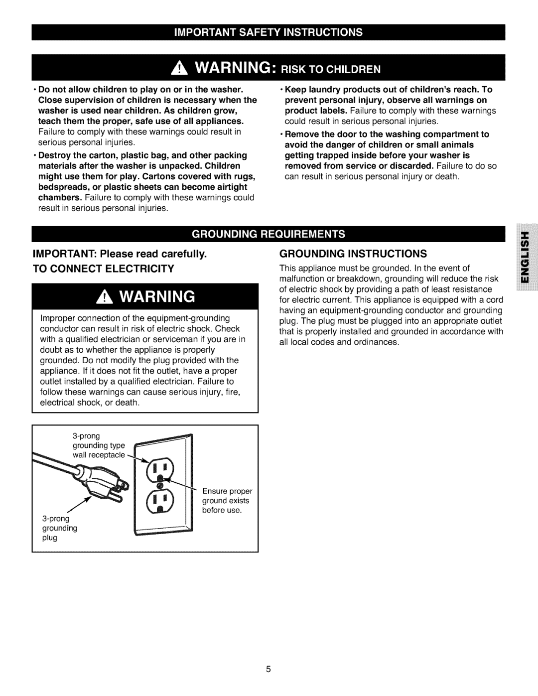 Kenmore 796.4027 manual To Connect Electricity, Grounding Instructions 