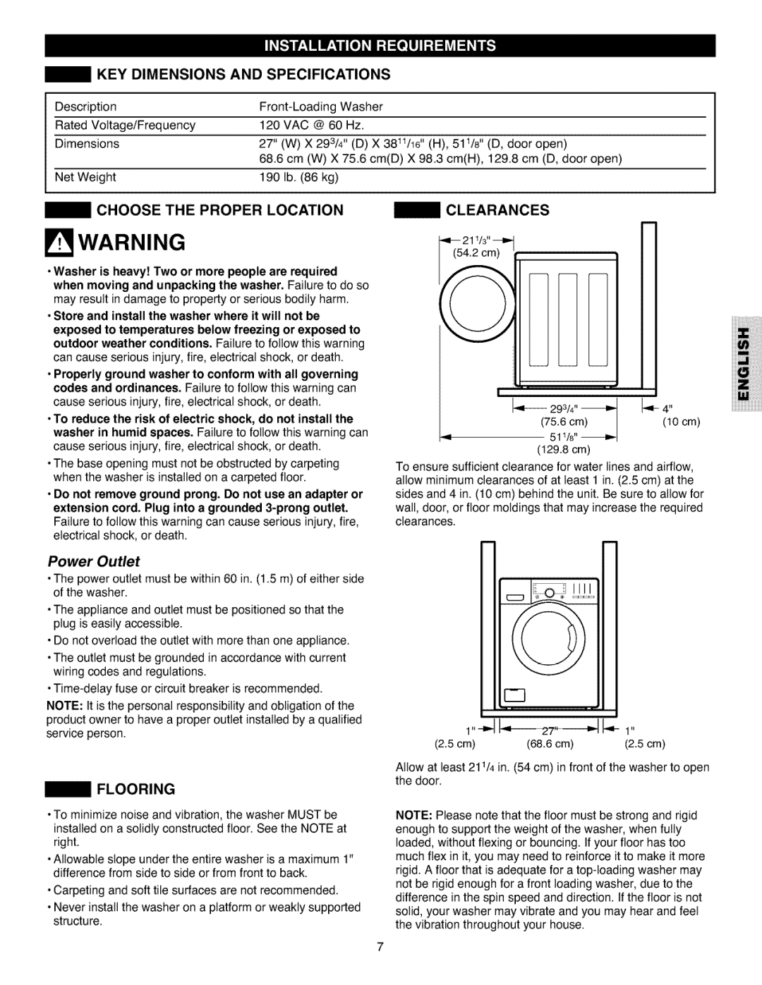 Kenmore 796.4027 manual KEY Dimensions Specifications, Choose the Proper Location, Power Outlet, Flooring, Clearances 