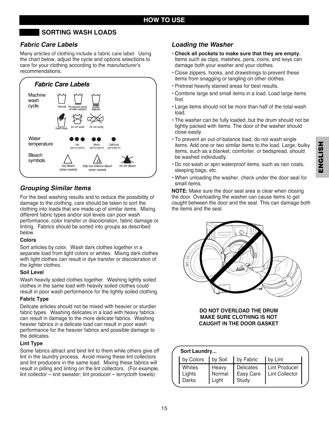 Kenmore 796.4031#9## manual Sorting Wash Loads, Fabric Care Labels, Grouping Similar Items, Loading the Washer 