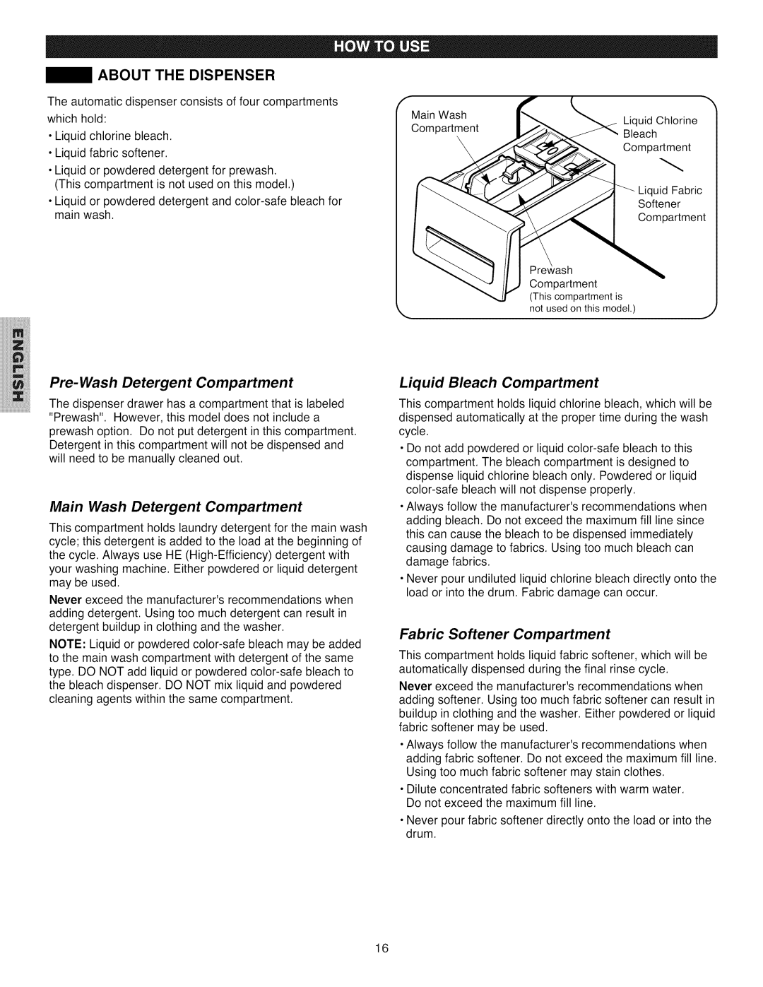 Kenmore 796.4031#9## manual About the Dispenser, Pre-Wash Detergent Compartment, Main Wash Detergent Compartment 