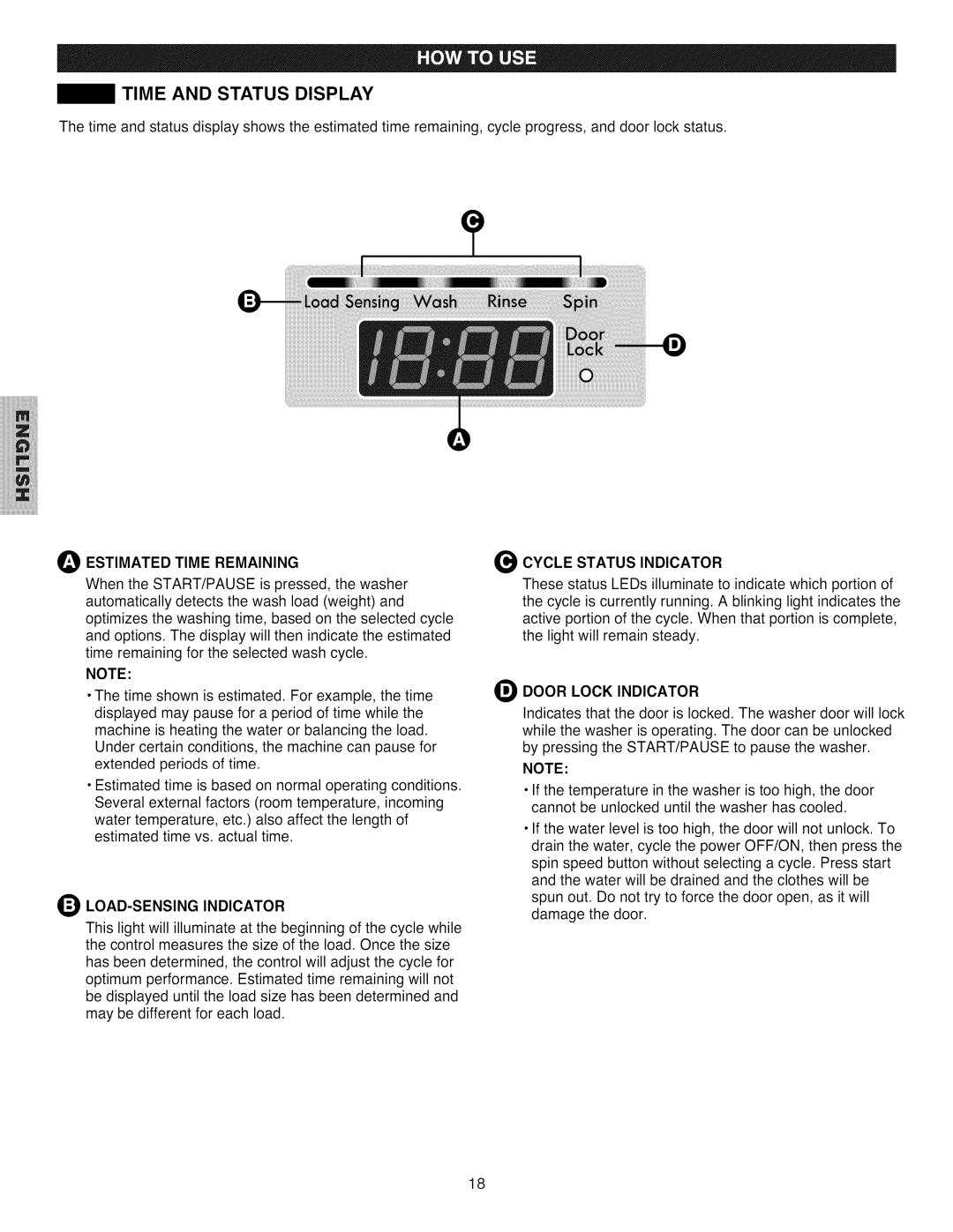 Kenmore 796.4031#9## Time and Status Display, Estimated Time Remaining, LOAD-SENSING Indicator, Cycle Status Indicator 