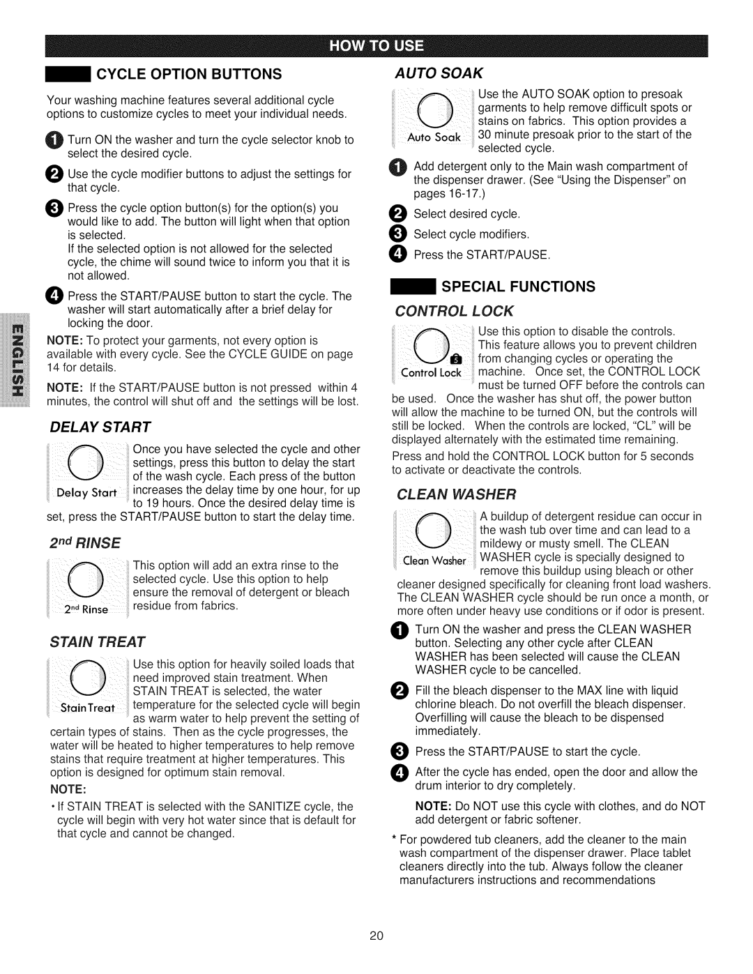 Kenmore 796.4031#9## manual Cycle Option Buttons, Special Functions, Nd Rinse 