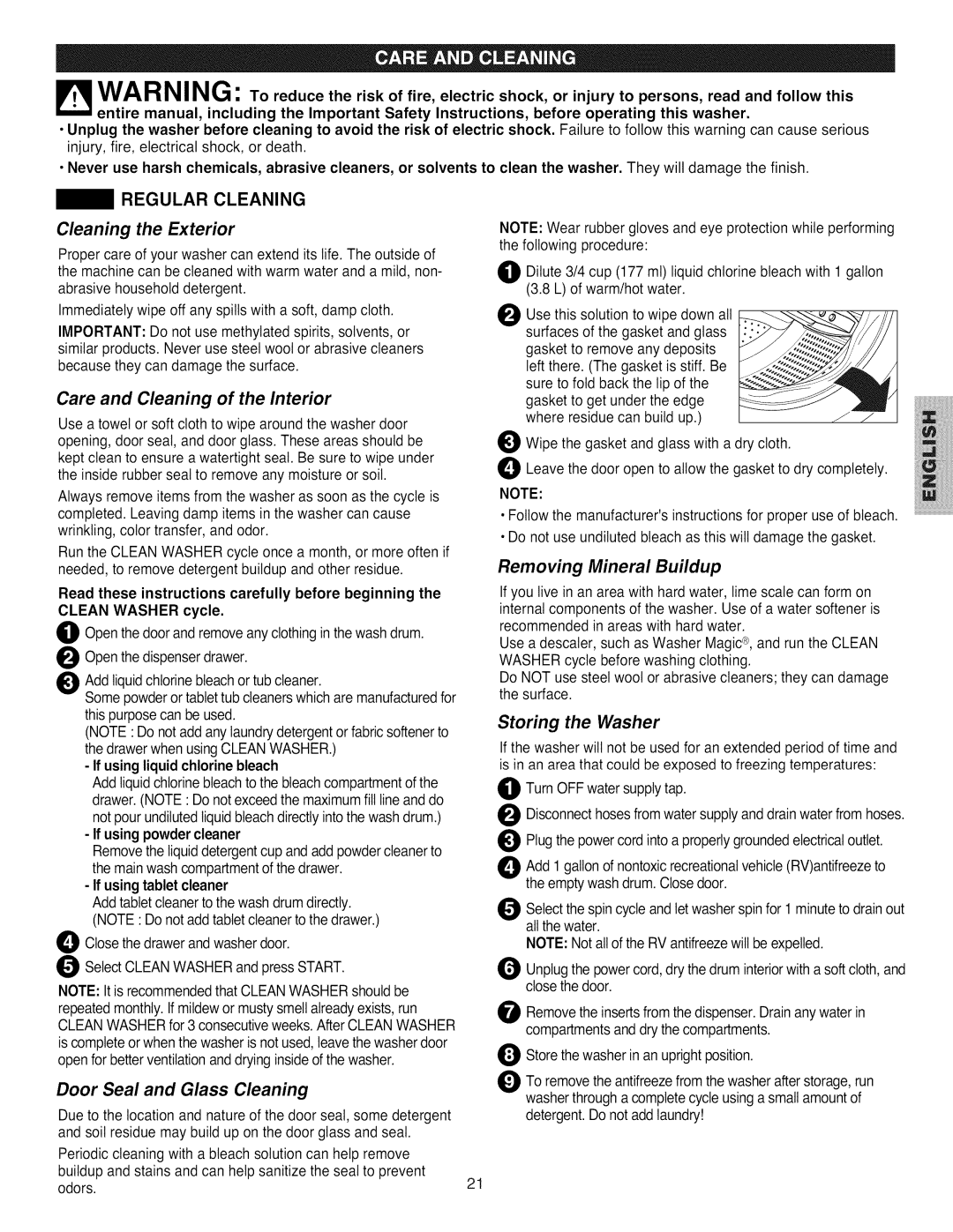 Kenmore 796.4031#9## manual Cleaning the Exterior, Care and Cleaning of the Interior, Door Seal and Glass Cleaning 