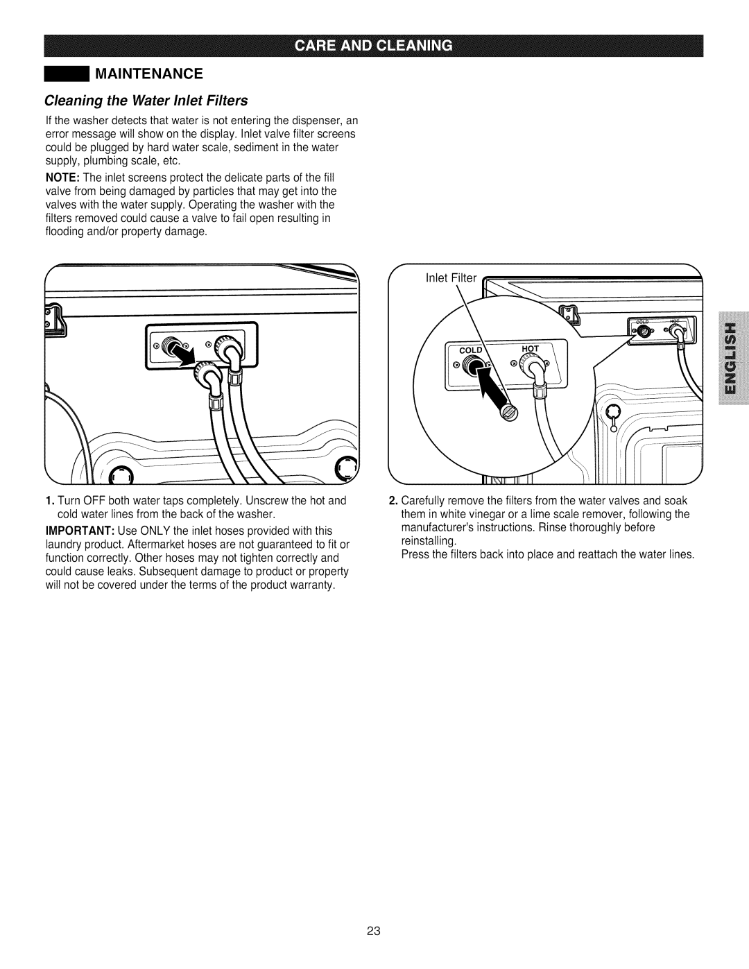 Kenmore 796.4031#9## manual Maintenance, Cleaning the Water Inlet Filters 