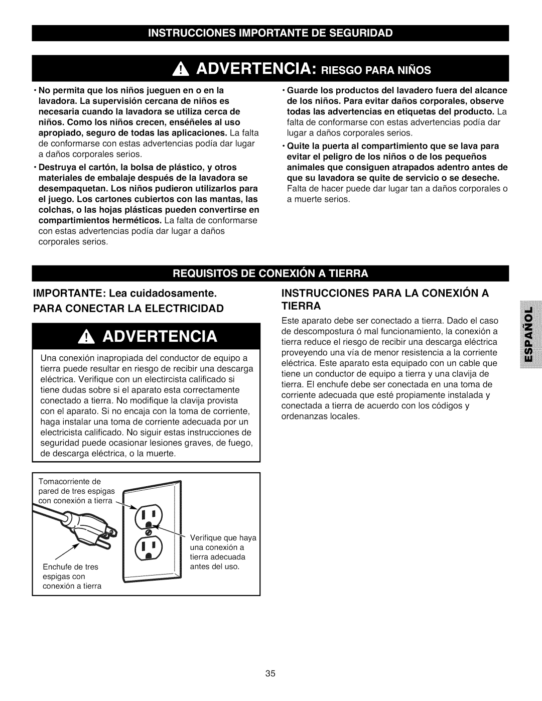 Kenmore 796.4031#9## Importante Lea cuidadosamente, Para Conectar LA Electricidad, Instrucciones Para LA Conexion a Tierra 