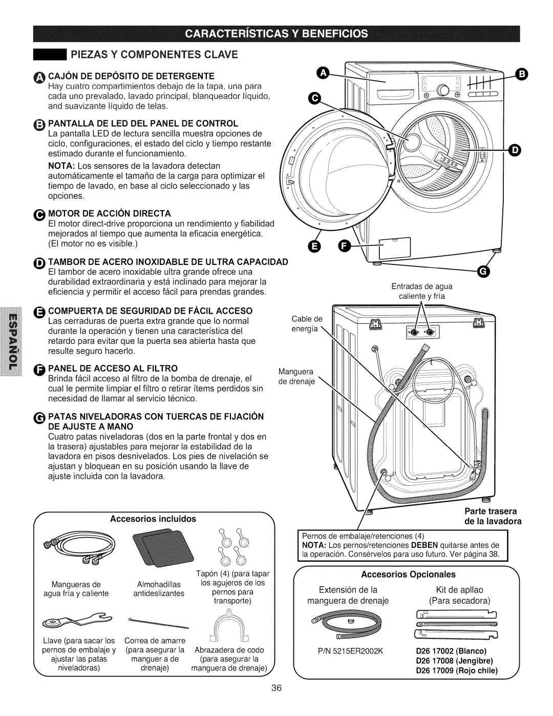 Kenmore 796.4031#9## manual Patas Niveladoras CON Tuercas DE Fijacion, Accesorios incluidos, De la lavadora 