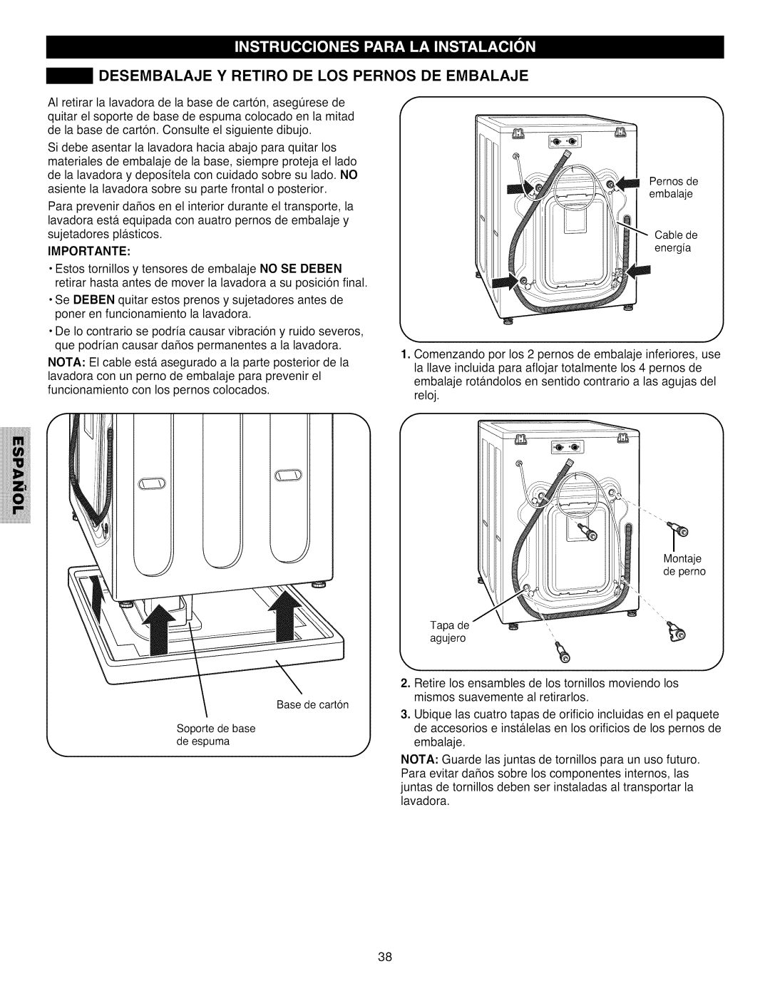 Kenmore 796.4031#9## manual Desembalaje Y Retiro DE LOS Pernos DE Embalaje, Importante 