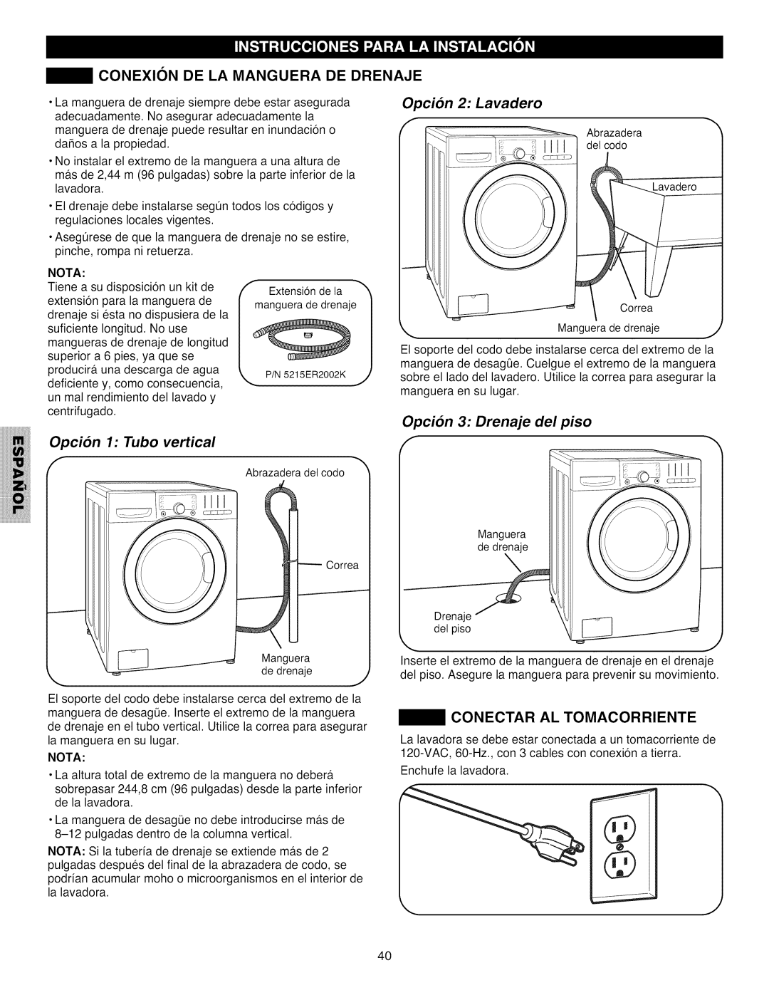 Kenmore 796.4031#9## manual Conexion DE LA Manguera DE Drenaje, Opci6n 2 Lavadero, Nota 