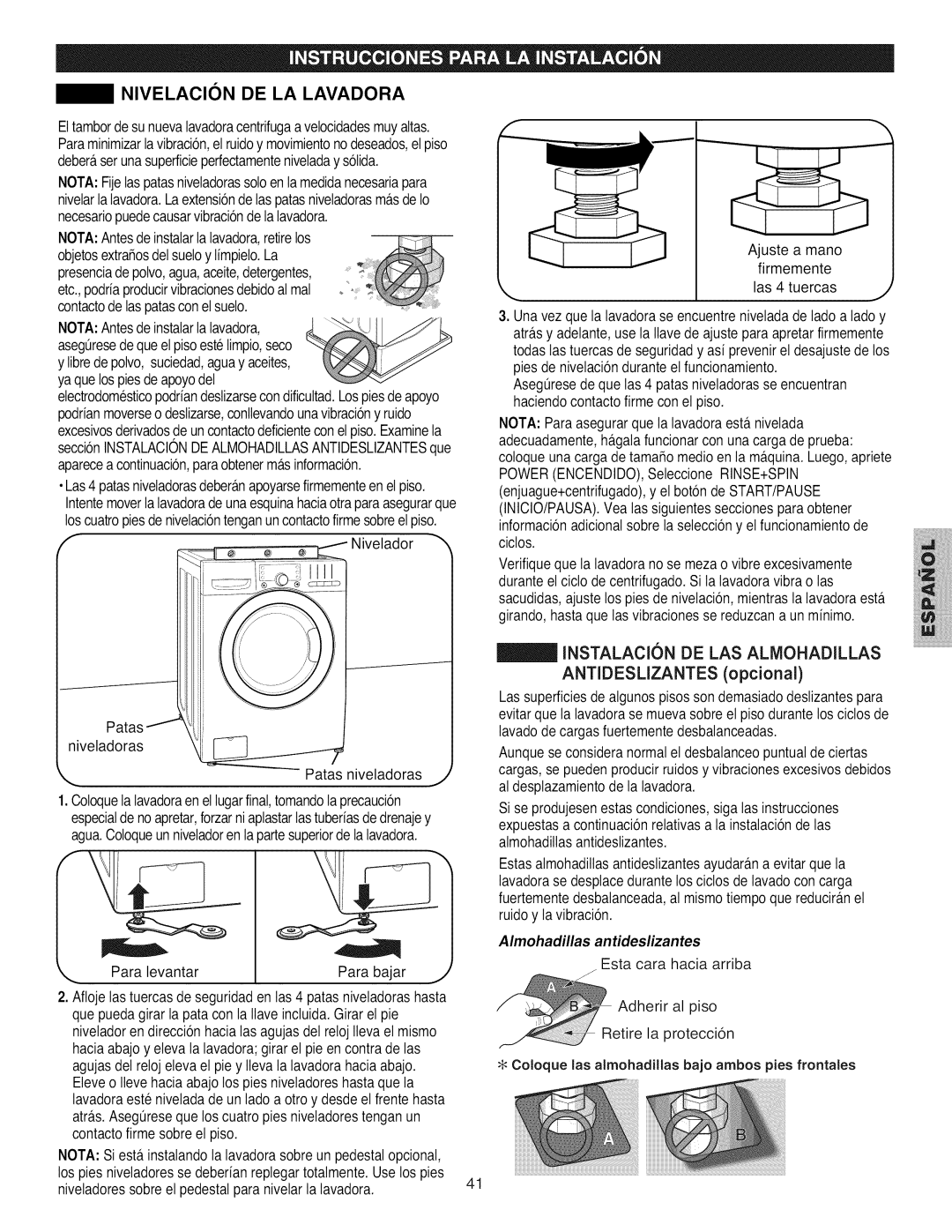 Kenmore 796.4031#9## manual Nivelacion DE LA Lavadora, Antideslizantes opcional, Esta cara hacia arriba 