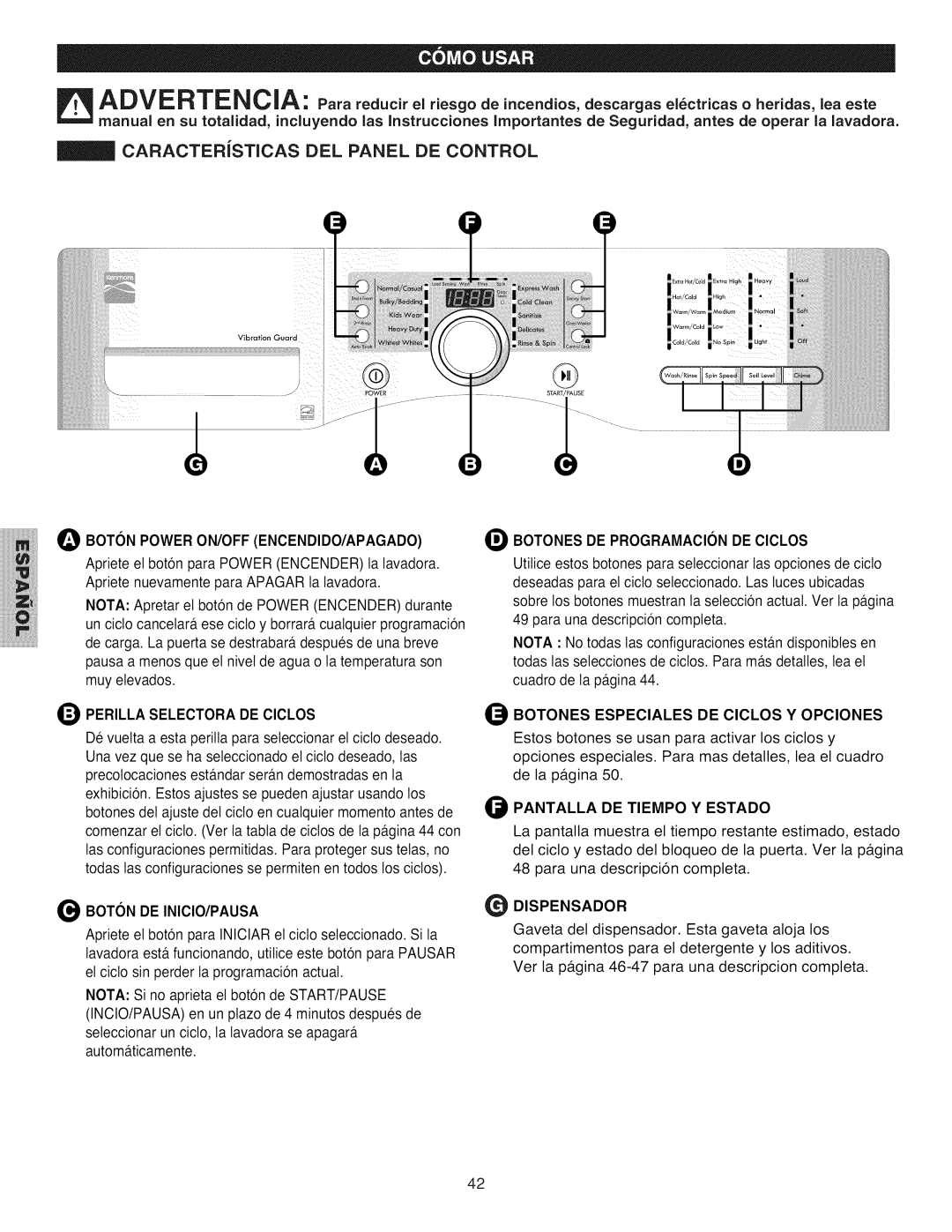 Kenmore 796.4031#9## manual CARACTERiSTlCAS DEL Panel DE Control, Botones Especiales DE ClCLOS Y Opciones, Dispensador 