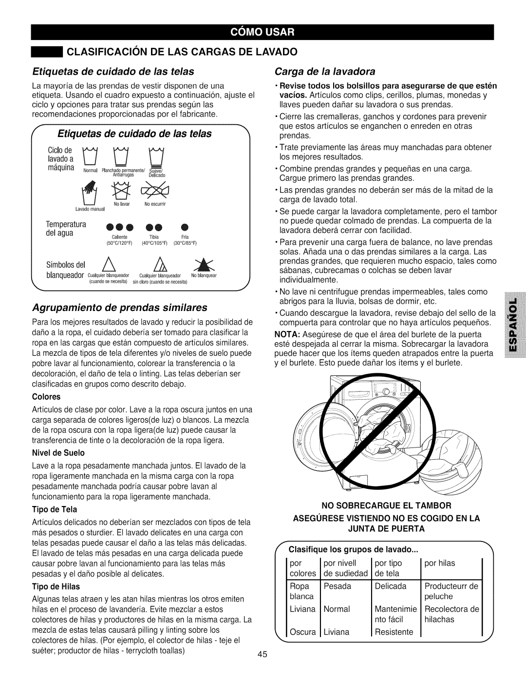 Kenmore 796.4031#9## manual Clasificacion DE LAS Cargas DE Lavado, Etiquetas de cuidado de las telas, Carga de la lavadora 