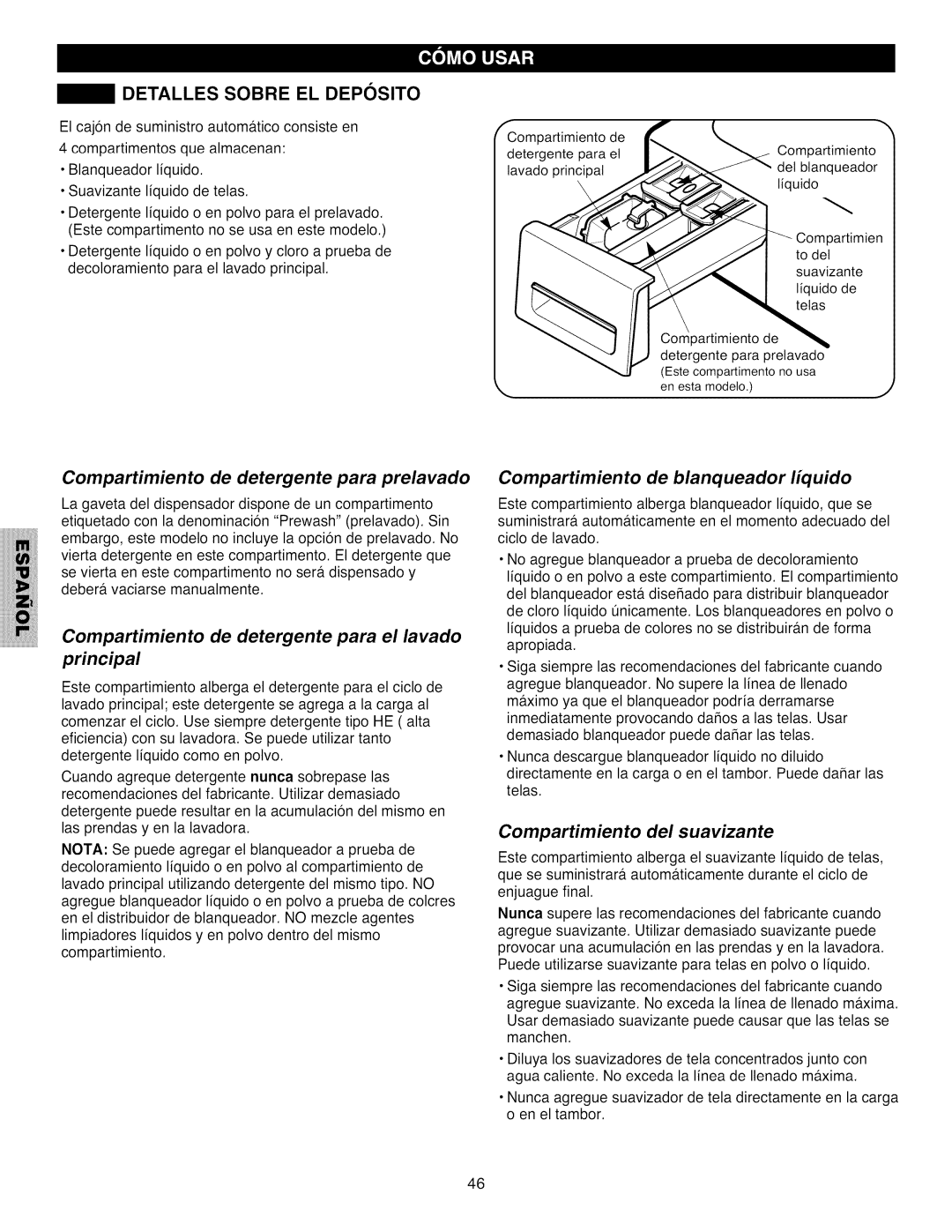 Kenmore 796.4031#9## manual Detalles Sobre EL Deposito, Compartimiento de detergente para prelavado 