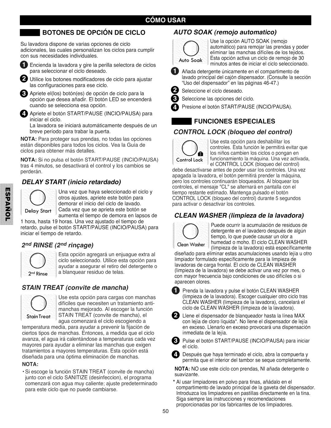 Kenmore 796.4031#9## manual Botones DE Opcion DE Ciclo, Delay Start inicio retardado, Stain Treat convite de mancha 