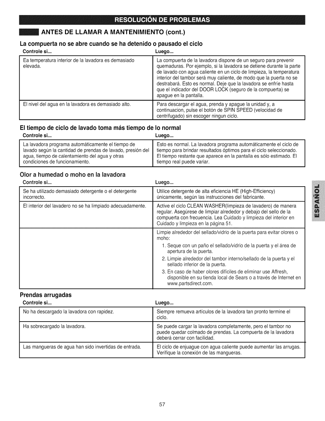 Kenmore 796.4031#9## manual El tiempo de ciclo de lavado toma mas tiempo de Io normal, Olor a humedad o moho en la lavadora 