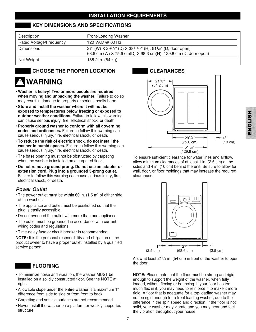 Kenmore 796.4031#9## manual KEY Dimensions Specifications, Choose the Proper Location, Power Outlet, Flooring, Clearances 