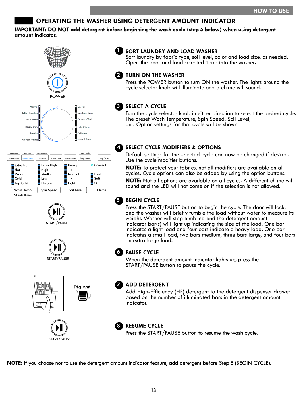 Kenmore 796.4147 manual Operating the Washer Using Detergent Amount Indicator 