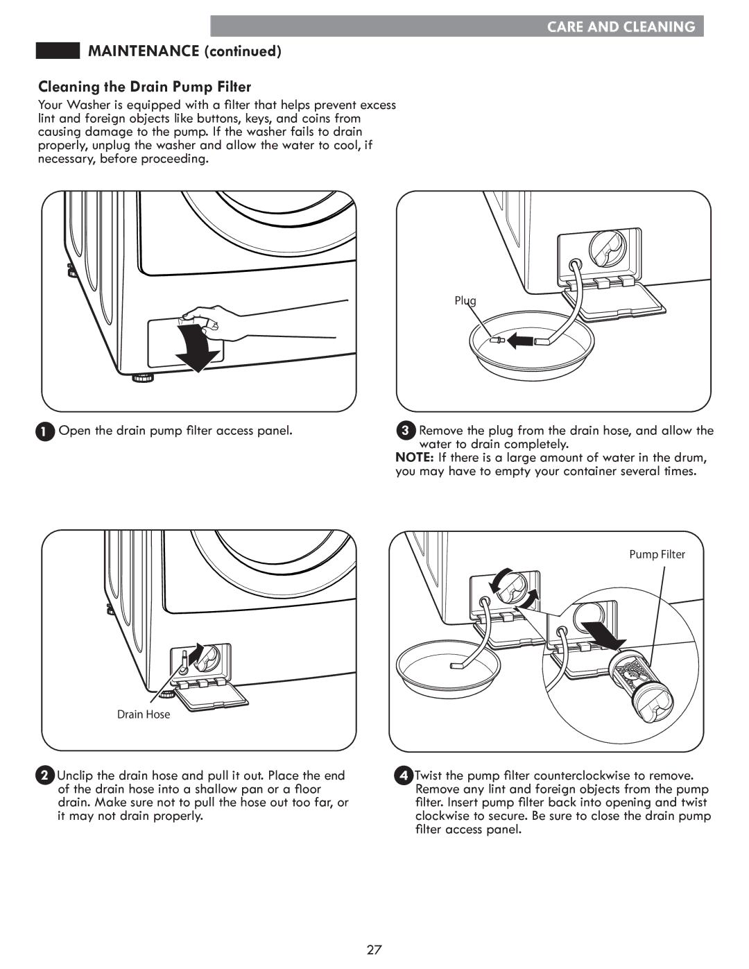 Kenmore 796.4147 manual Maintenance, Cleaning the Drain Pump Filter 