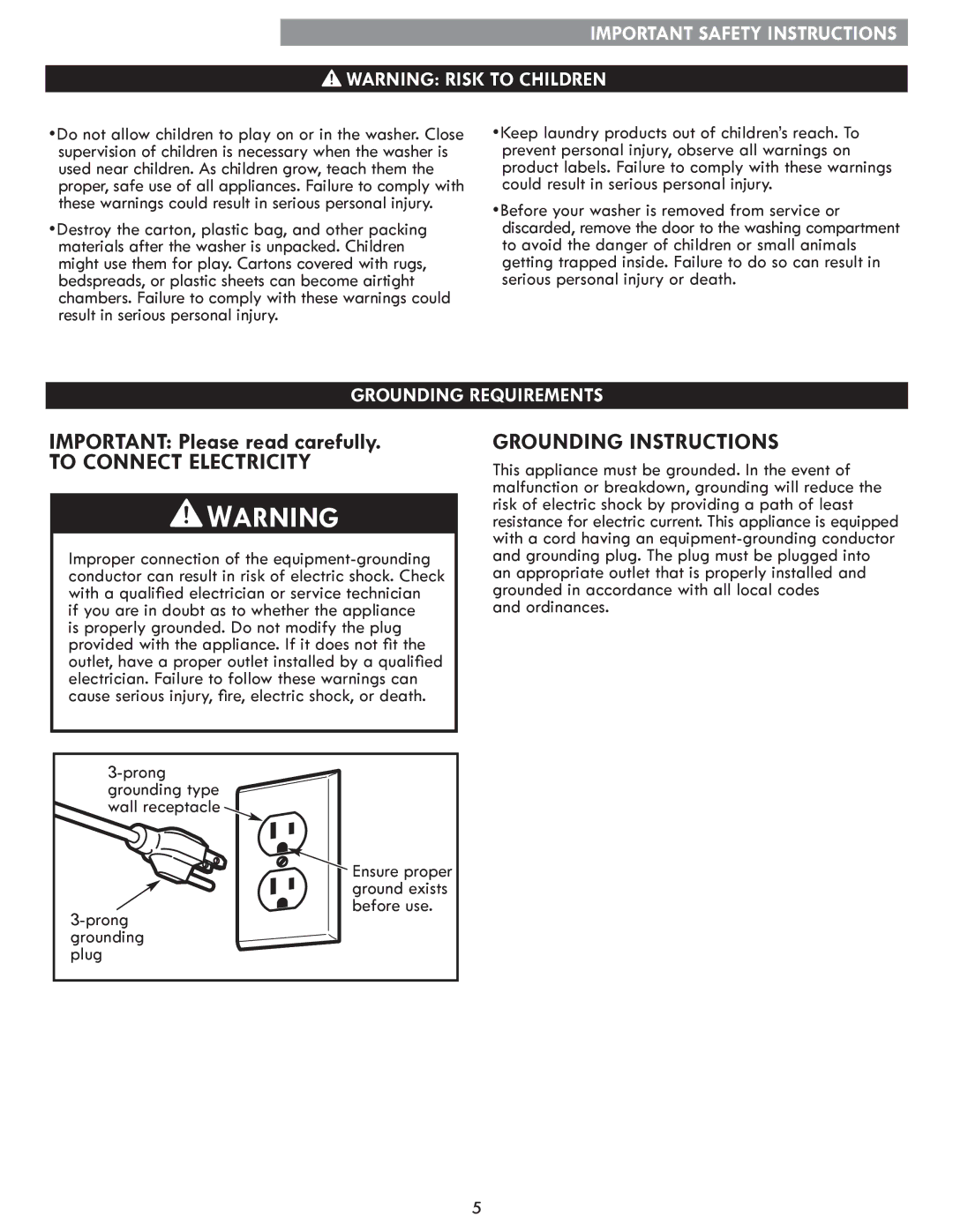 Kenmore 796.4147 manual Ensure proper, Ordinances Prong grounding plug 