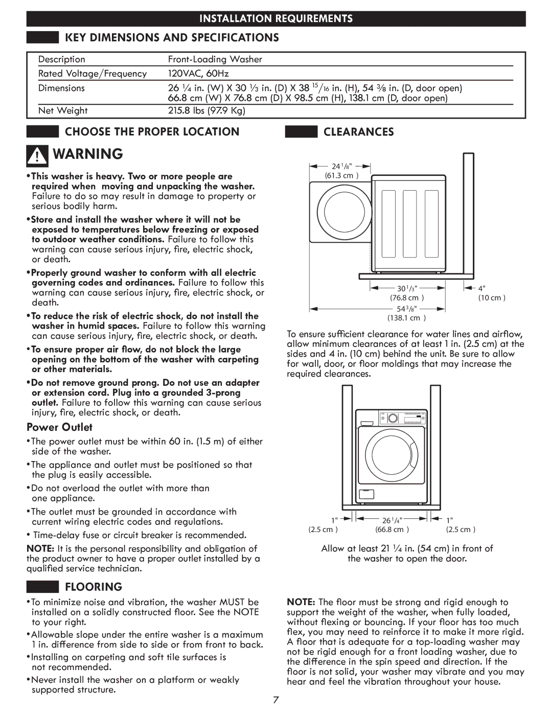 Kenmore 796.4147 manual KEY Dimensions and Specifications, Choose the Proper Location, Power Outlet, Clearances, Flooring 