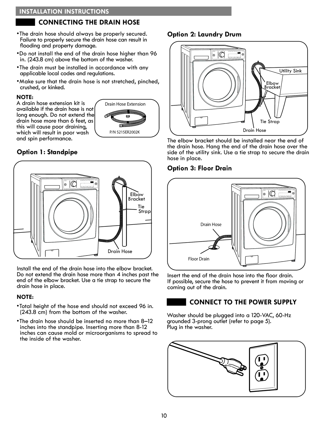 Kenmore 796.4172# manual Connecting the Drain Hose, Option 2 Laundry Drum, Option 1 Standpipe, Option 3 Floor Drain 