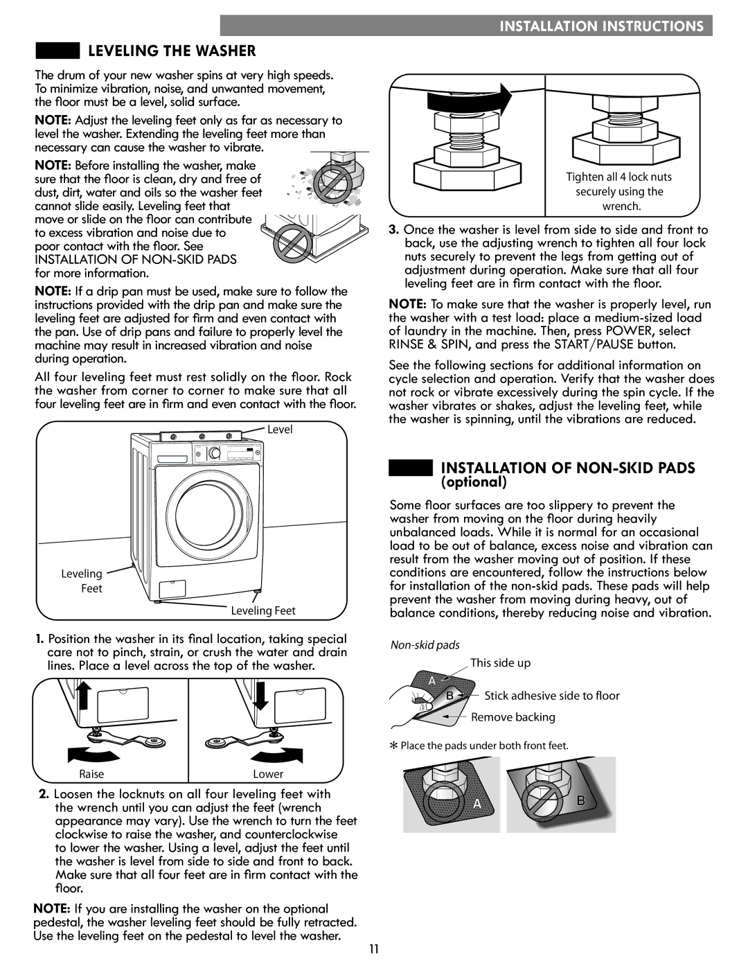 Kenmore 796.4172# manual Leveling the Washer, Installation of NON-SKID Pads optional 