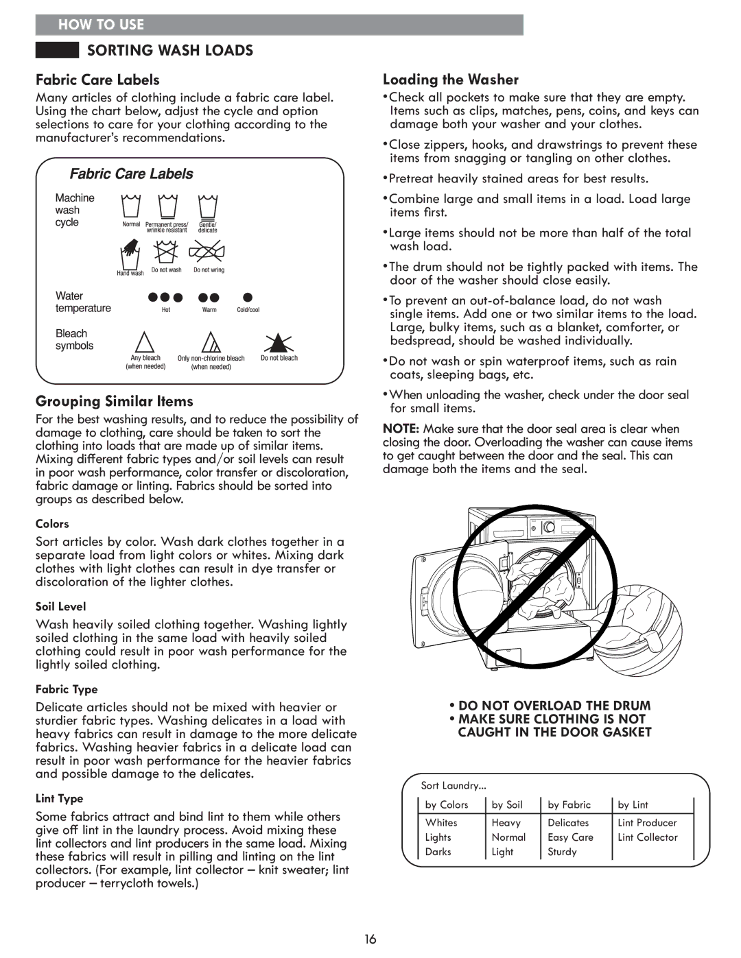 Kenmore 796.4172# manual Sorting Wash Loads, Fabric Care Labels, Grouping Similar Items, Loading the Washer 