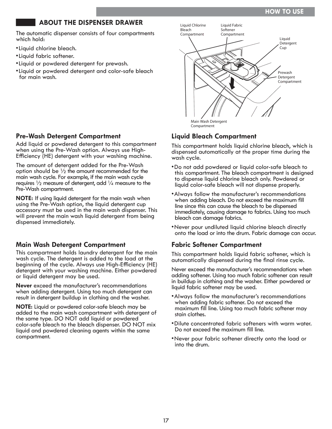 Kenmore 796.4172# manual About the Dispenser Drawer, Pre-Wash Detergent Compartment, Main Wash Detergent Compartment 